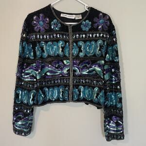 VTG Night Vogue Jacket Women XL Silk Sequin Embroidered Black Teal Purple READ